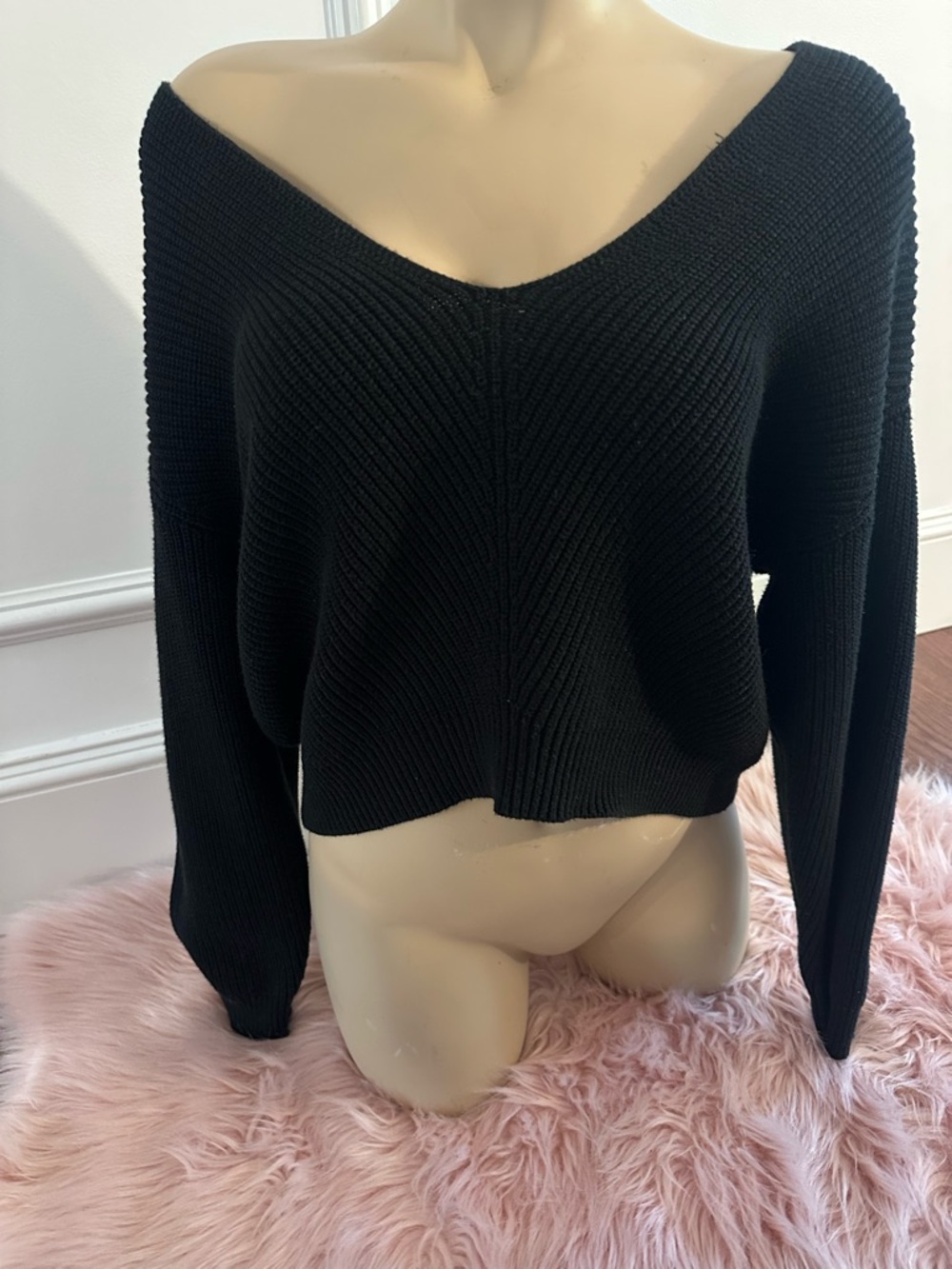 Lulu's Black Off-the-Shoulder V-Neck Knit Sweater